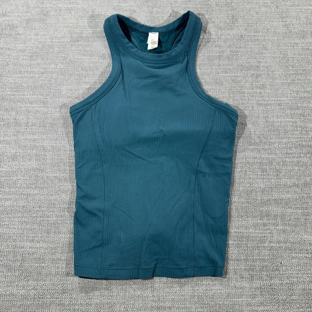 Lululemon Ebb to Street High Neck Crop Tank Size 4 Teal Excellent Ribbed Bra